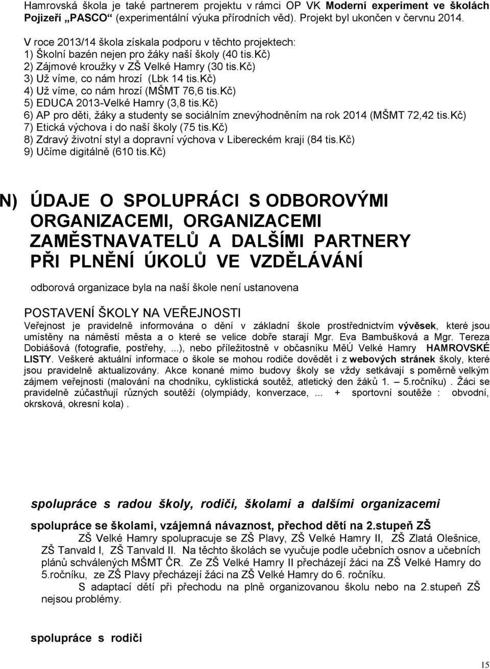 kč) 4) Už víme, co nám hrozí (MŠMT 76,6 tis.kč) 5) EDUCA 2013-Velké Hamry (3,8 tis.kč) 6) AP pro děti, žáky a studenty se sociálním znevýhodněním na rok 2014 (MŠMT 72,42 tis.