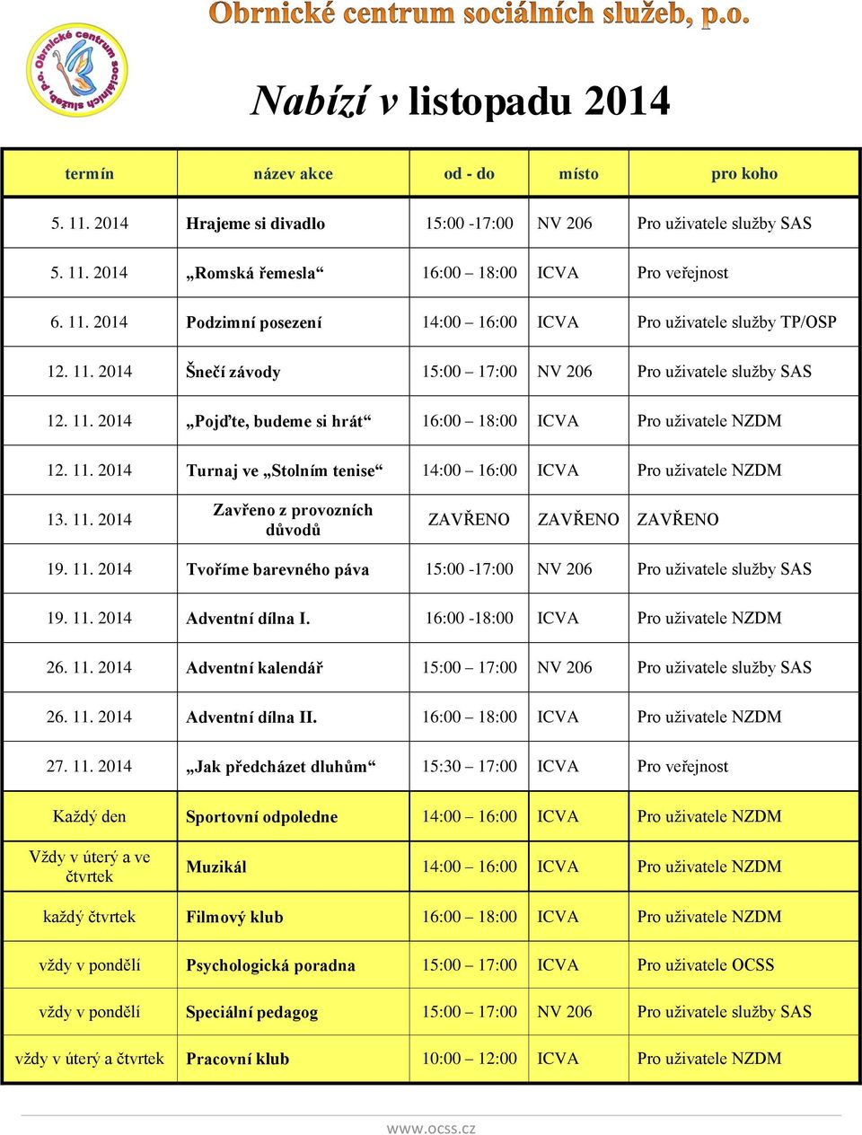 11. 2014 Turnaj ve Stolním tenise 14:00 16:00 ICVA Pro uživatele NZDM 13. 11. 2014 Zavřeno z provozních důvodů ZAVŘENO ZAVŘENO ZAVŘENO 19. 11. 2014 Tvoříme barevného páva 15:00-17:00 NV 206 Pro uživatele služby SAS 19.