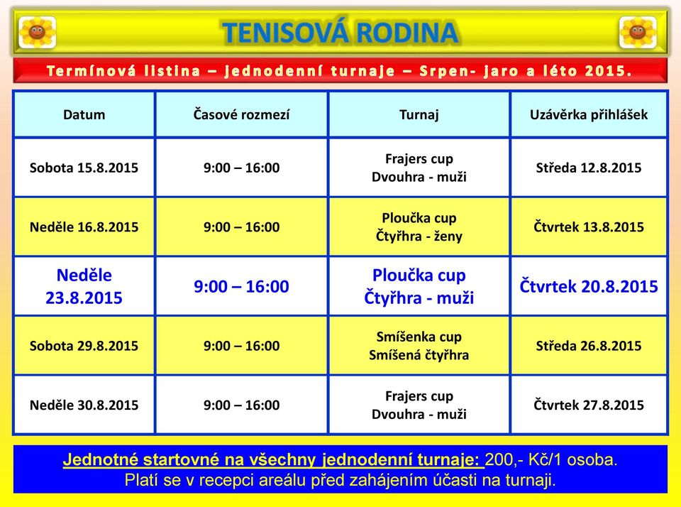 8.2015 Neděle 30.8.2015 9:00 16:00 Frajers cup Dvouhra - muži Čtvrtek 27.8.2015 Jednotné startovné na všechny jednodenní turnaje: 200,- Kč/1 osoba.