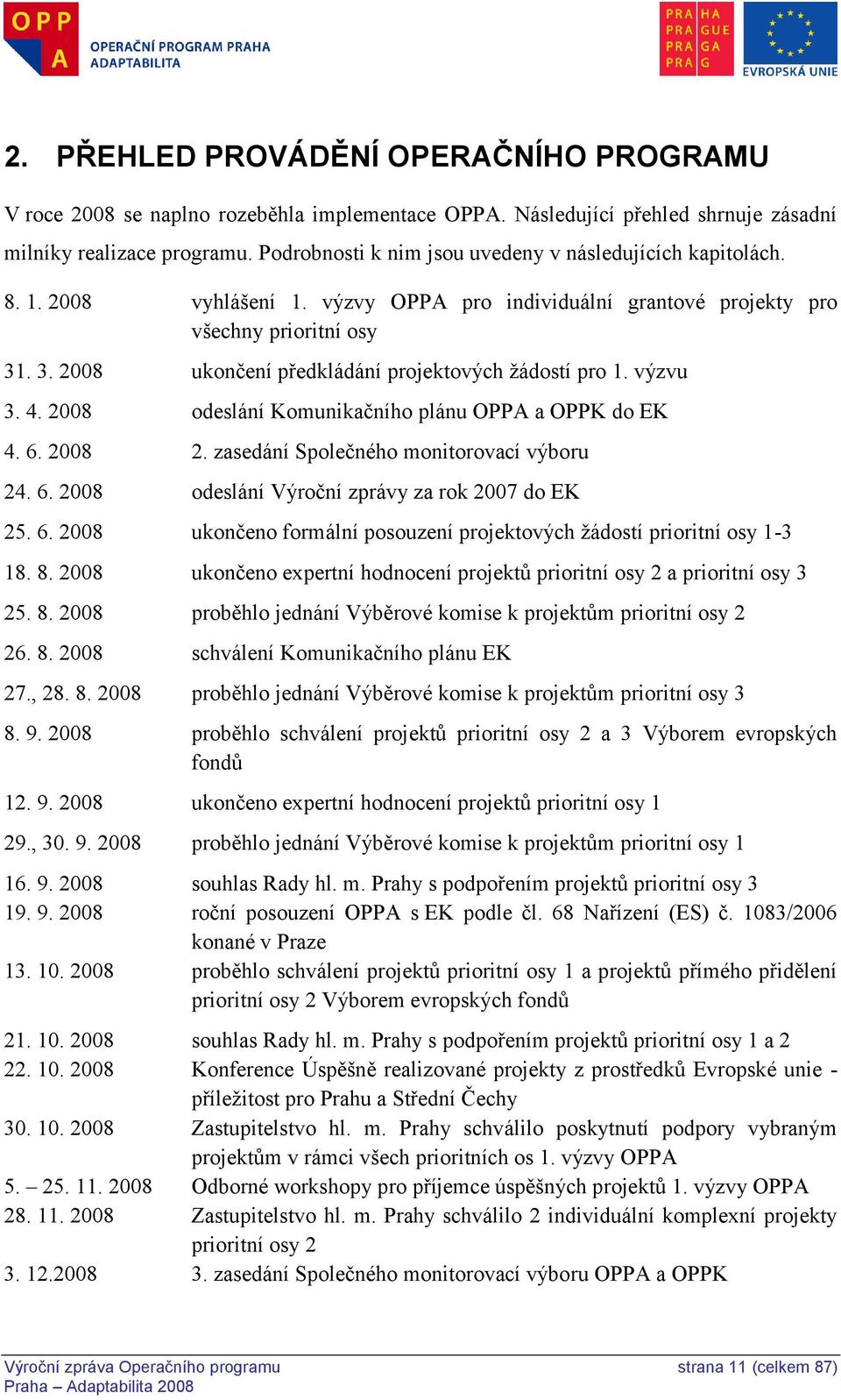 . 3. 2008 ukončení předkládání projektových ţádostí pro 1. výzvu 3. 4. 2008 odeslání Komunikačního plánu OPPA a OPPK do EK 4. 6. 2008 2. zasedání Společného monitorovací výboru 24. 6. 2008 odeslání Výroční zprávy za rok 2007 do EK 25.