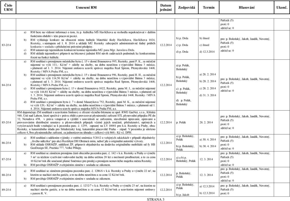 2014 a ukládá MÚ Roztoky zabezpečit administrativně řádný průběh konkurzu v souladu s příslušnými právními předpisy. c) RM ustanovuje tajemníkem konkurzní komise tajemníka MÚ pana Mgr. Jaroslava Drdu.