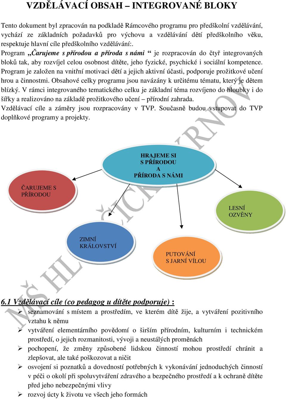 Program Čarujeme s přírodou a příroda s námi je rozpracován do čtyř integrovaných bloků tak, aby rozvíjel celou osobnost dítěte, jeho fyzické, psychické i sociální kompetence.
