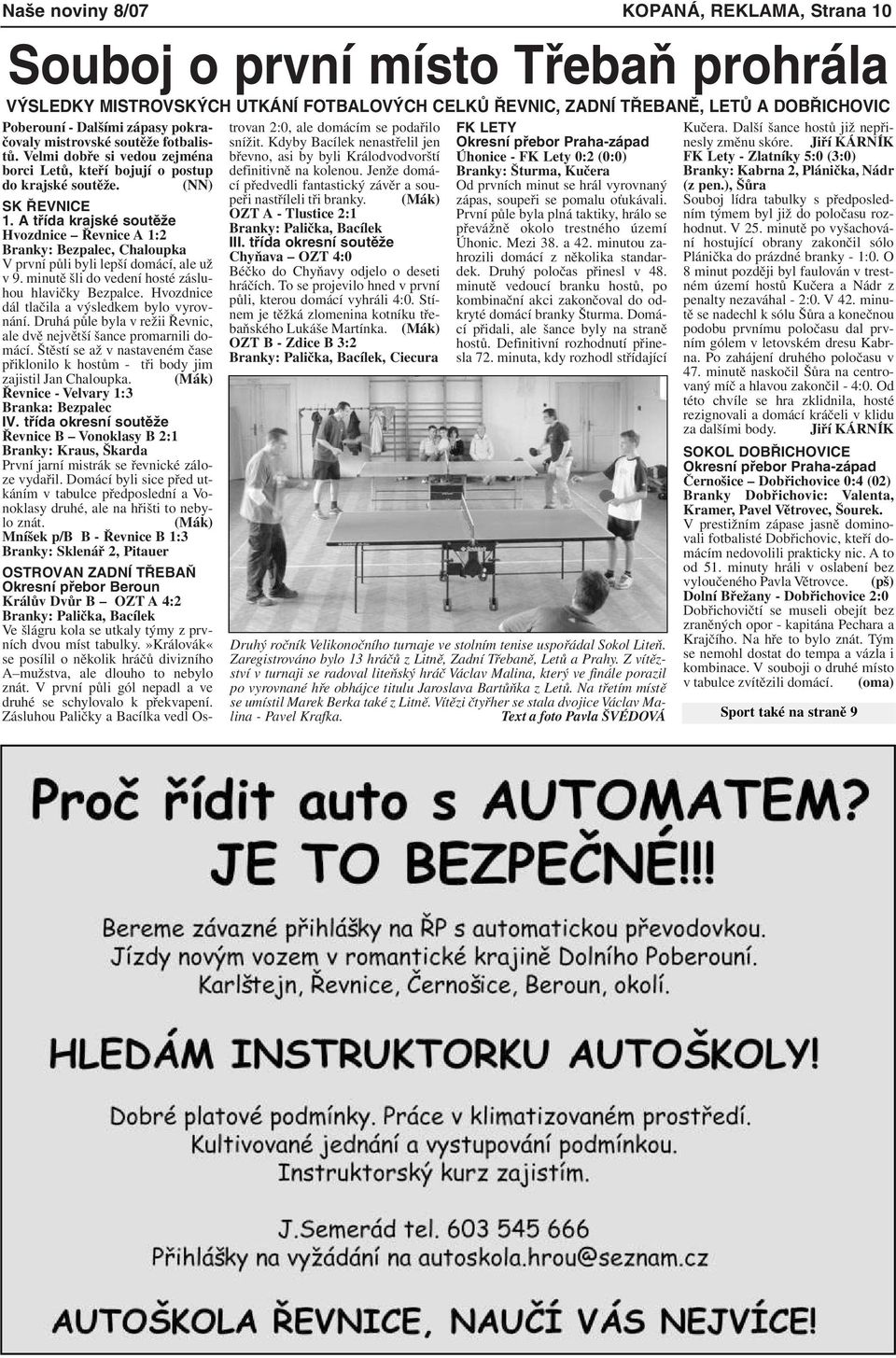 (NN) SK ŘEVNICE 1. A třída krajské soutěže Hvozdnice Řevnice A 1:2 Branky: Bezpalec, Chaloupka V první půli byli lepší domácí, ale už v 9. minutě šli do vedení hosté zásluhou hlavičky Bezpalce.