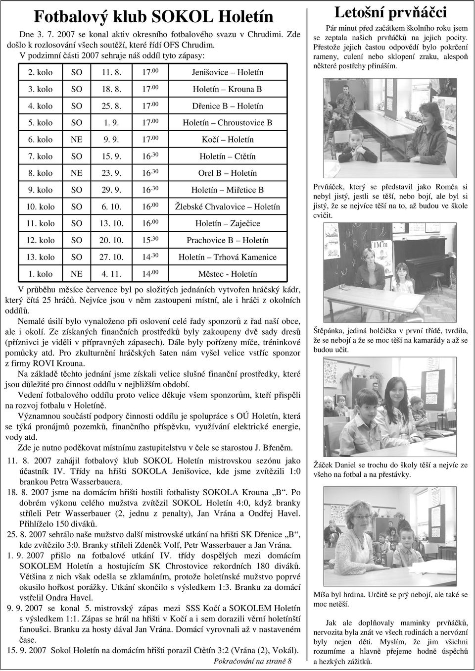 9. 7. Kočí Holetín 7. kolo 5. 9. 6. Holetín Ctětín 8. kolo NE. 9. 6. Orel B Holetín 9. kolo 9. 9. 6. Holetín Miřetice B. kolo 6.. 6. Žlebské Chvalovice Holetín. kolo.. 6. Holetín Zaječice. kolo.. 5. Prachovice B Holetín.