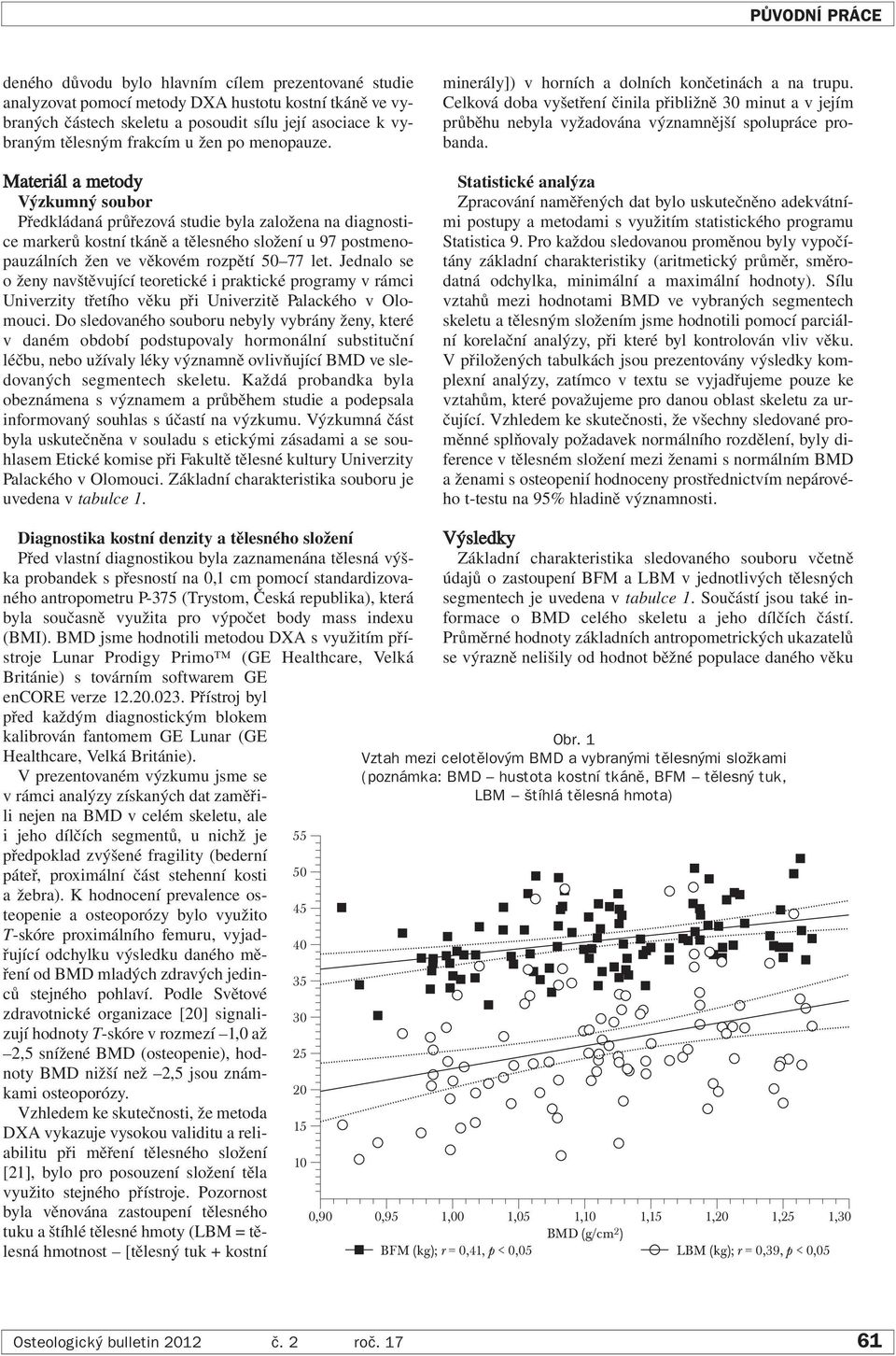 Materiál a metody Výzkumný soubor Předkládaná průřezová studie byla založena na diagnostice markerů kostní tkáně a tělesného složení u 97 postmenopauzálních žen ve věkovém rozpětí 50 77 let.