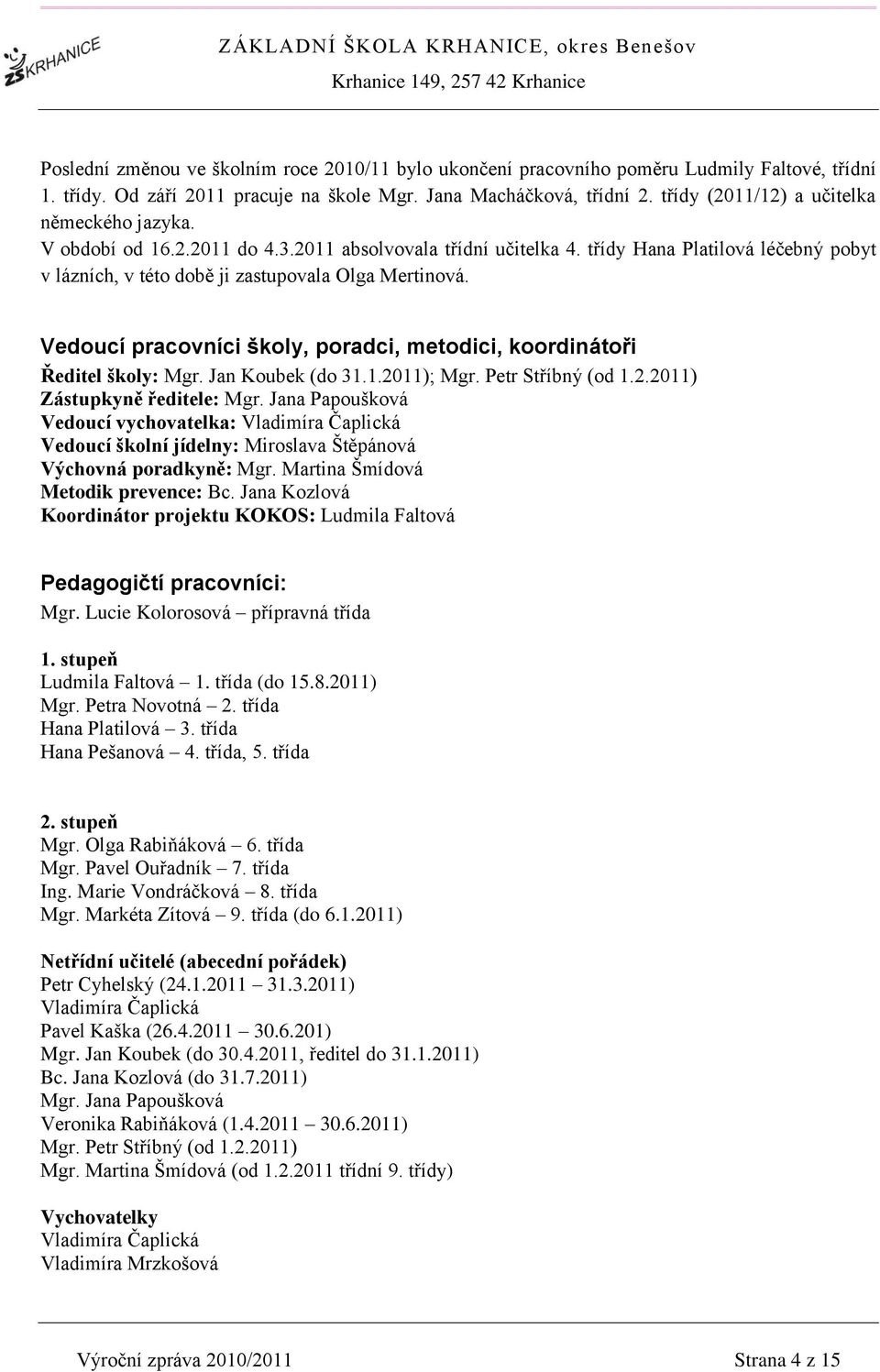 Vedoucí pracovníci školy, poradci, metodici, koordinátoři Ředitel školy: Mgr. Jan Koubek (do 31.1.2011); Mgr. Petr Stříbný (od 1.2.2011) Zástupkyně ředitele: Mgr.