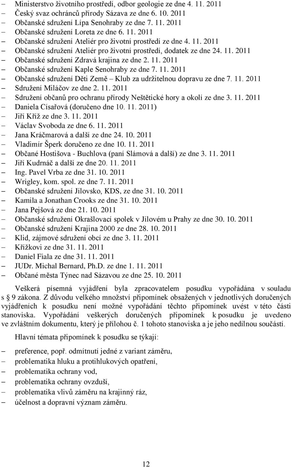 11. 2011 Občanské sdruţení Děti Země Klub za udrţitelnou dopravu ze dne 7. 11. 2011 Sdruţení Miláčov ze dne 2. 11. 2011 Sdruţení občanů pro ochranu přírody Neštětické hory a okolí ze dne 3. 11. 2011 Daniela Císařová (doručeno dne 10.