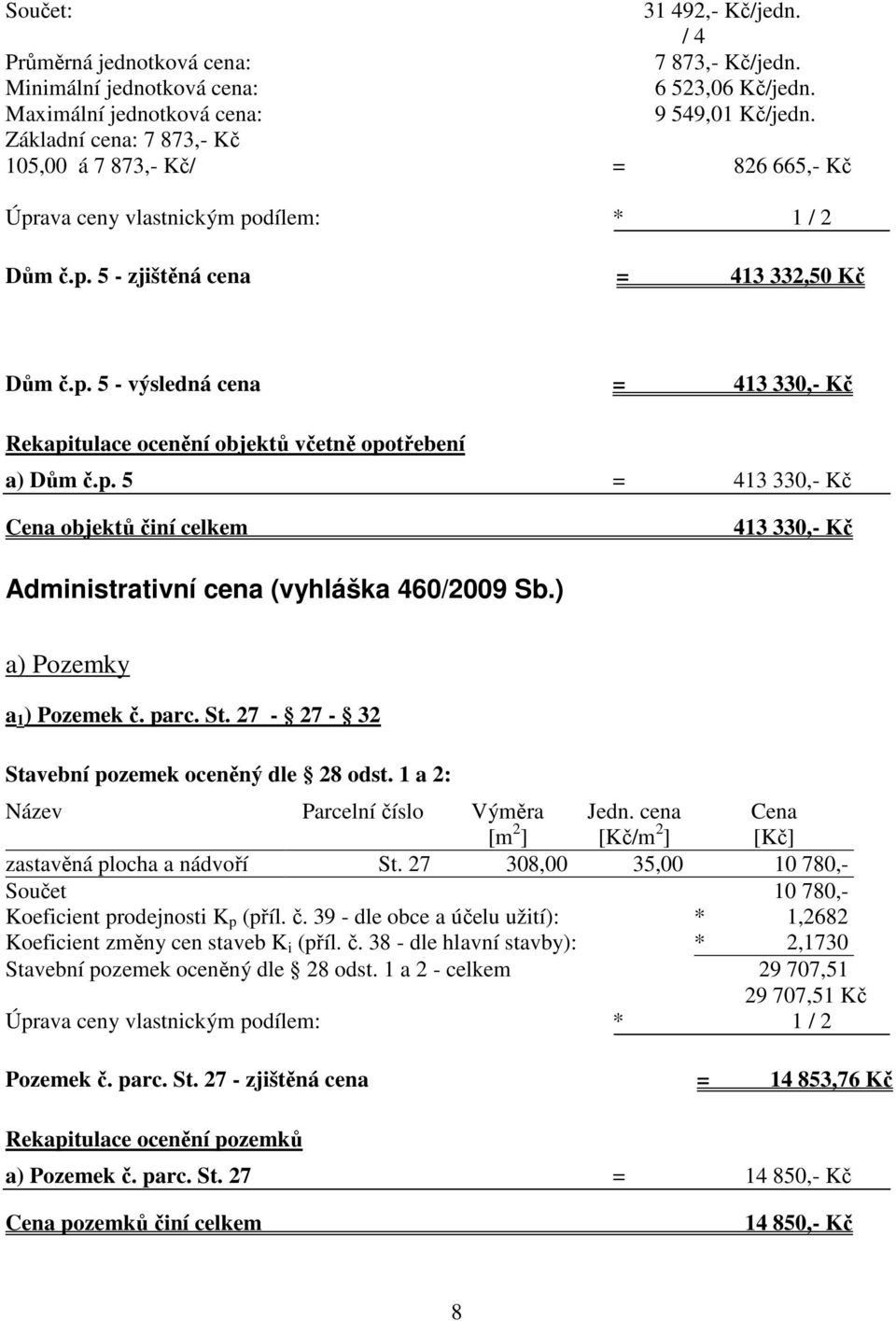 p. 5 = 413 330,- Kč Cena objektů činí celkem 413 330,- Kč Administrativní cena (vyhláška 460/2009 Sb.) a) Pozemky a 1 ) Pozemek č. parc. St. 27-27 - 32 Stavební pozemek oceněný dle 28 odst.