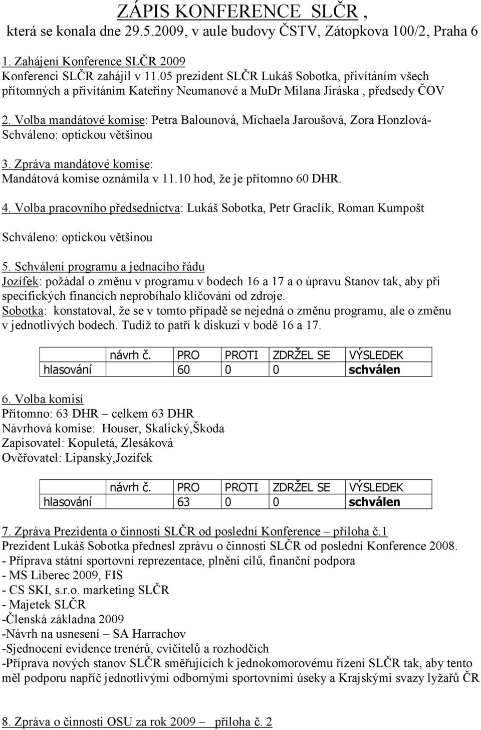 Volba mandátové komise: Petra Balounová, Michaela Jaroušová, Zora Honzlová- Schváleno: optickou většinou 3. Zpráva mandátové komise: Mandátová komise oznámila v 11.10 hod, že je přítomno 60 DHR. 4.