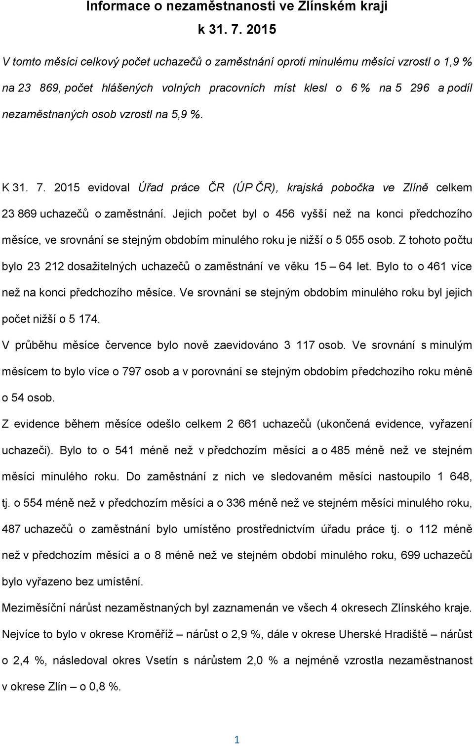 vzrostl na 5,9 %. K 31. 7. 2015 evidoval Úřad práce ČR (ÚP ČR), krajská pobočka ve Zlíně celkem 23 869 uchazečů o zaměstnání.