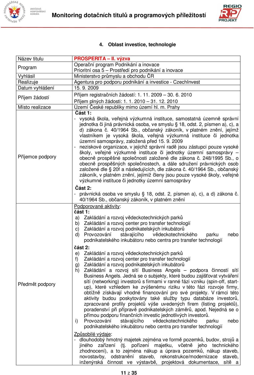 9. 2009 Píjem registraních žádostí: 1. 11. 2009 30. 6. 2010 Píjem žádostí Píjem plných žádosti: 1. 1. 2010 31. 12. 2010 Území eské republiky mi