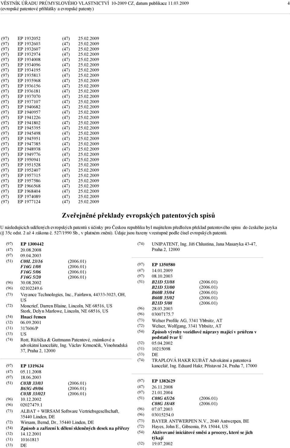 1977124 Zveřejněné překlady evropských patentových spisů U následujících udělených evropských patentů s účinky pro Českou republiku byl majitelem předložen překlad patentového spisu do českého jazyka
