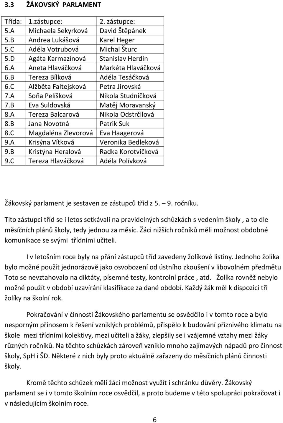 A Tereza Balcarová Nikola Odstrčilová 8.B Jana Novotná Patrik Suk 8.C Magdaléna Zlevorová Eva Haagerová 9.A Krisýna Vítková Veronika Bedleková 9.B Kristýna Heralová Radka Korotvičková 9.