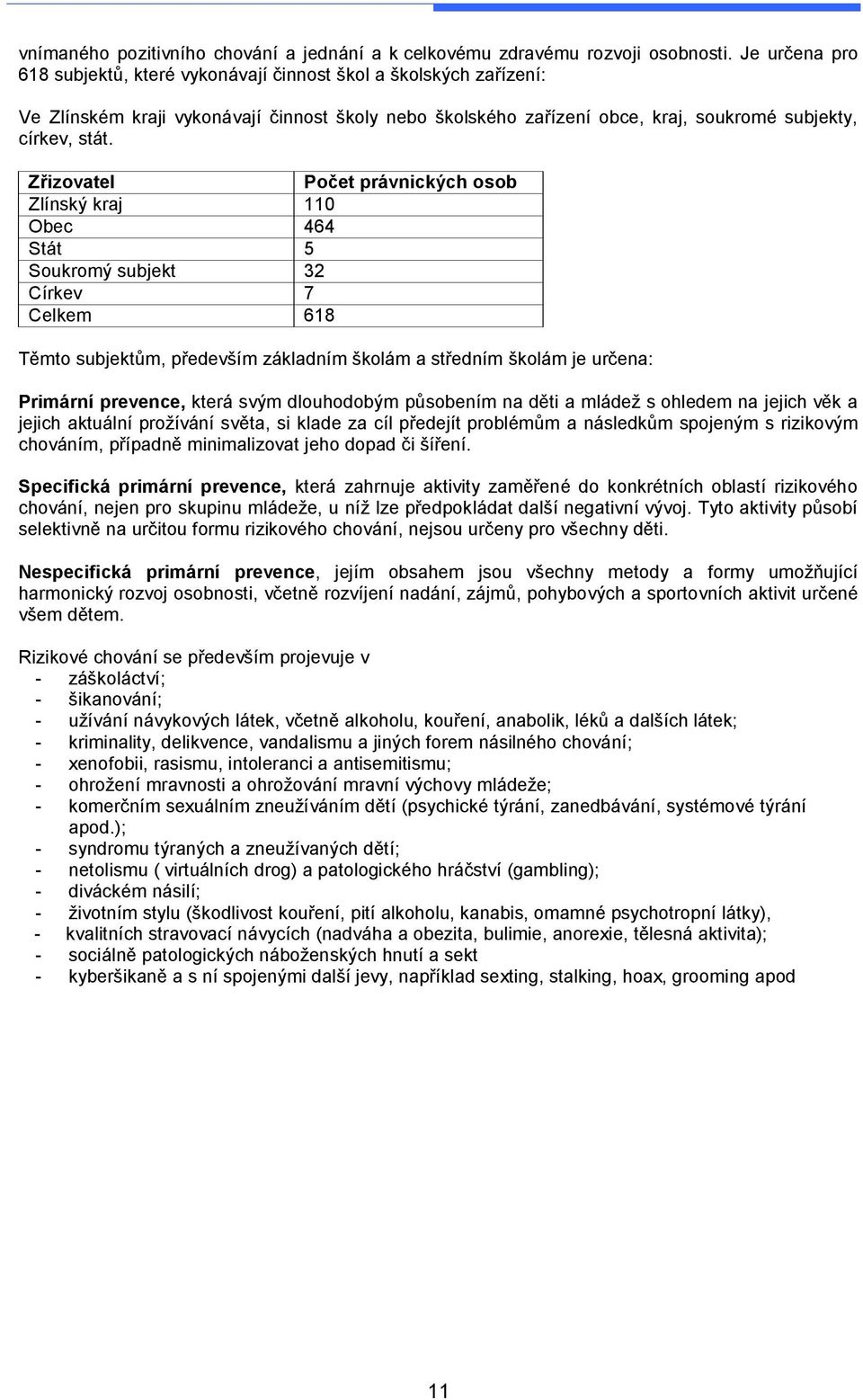 Zřizovatel Počet právnických osob Zlínský kraj 110 Obec 464 Stát 5 Soukromý subjekt 32 Církev 7 Celkem 618 Těmto subjektům, především základním školám a středním školám je určena: Primární prevence,