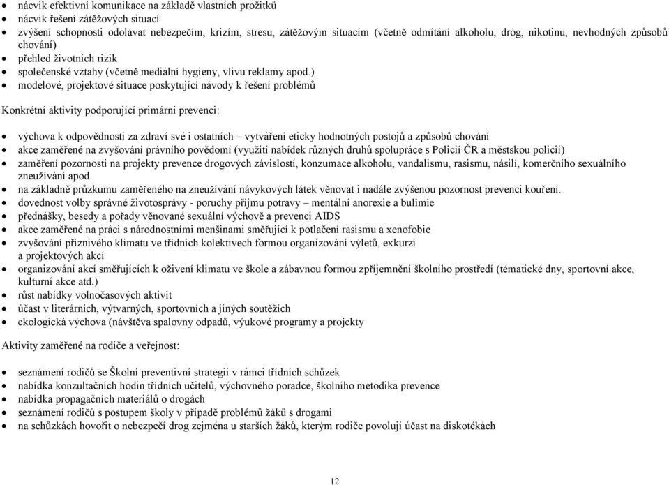 ) modelové, projektové situace poskytující návody k řešení problémů Konkrétní aktivity podporující primární prevenci: výchova k odpovědnosti za zdraví své i ostatních vytváření eticky hodnotných