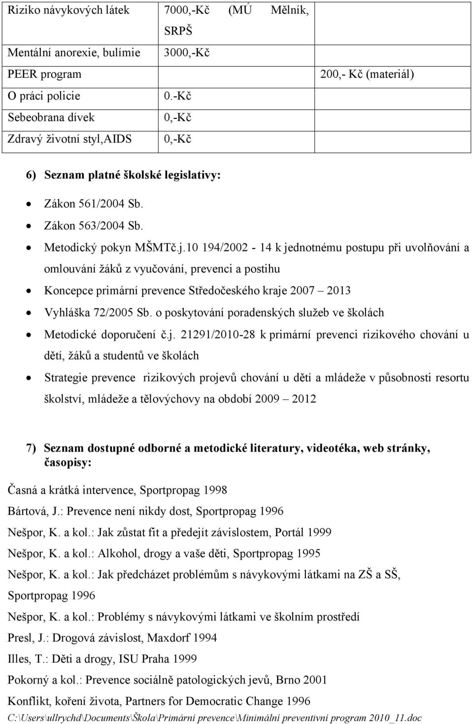 10 194/2002-14 k jednotnému postupu při uvolňování a omlouvání žáků z vyučování, prevenci a postihu Koncepce primární prevence Středočeského kraje 2007 2013 Vyhláška 72/2005 Sb.