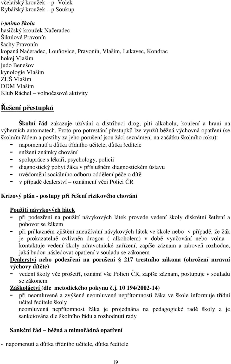 DDM Vlašim Klub Ráchel volnočasové aktivity Řešení přestupků Školní řád zakazuje užívání a distribuci drog, pití alkoholu, kouření a hraní na výherních automatech.