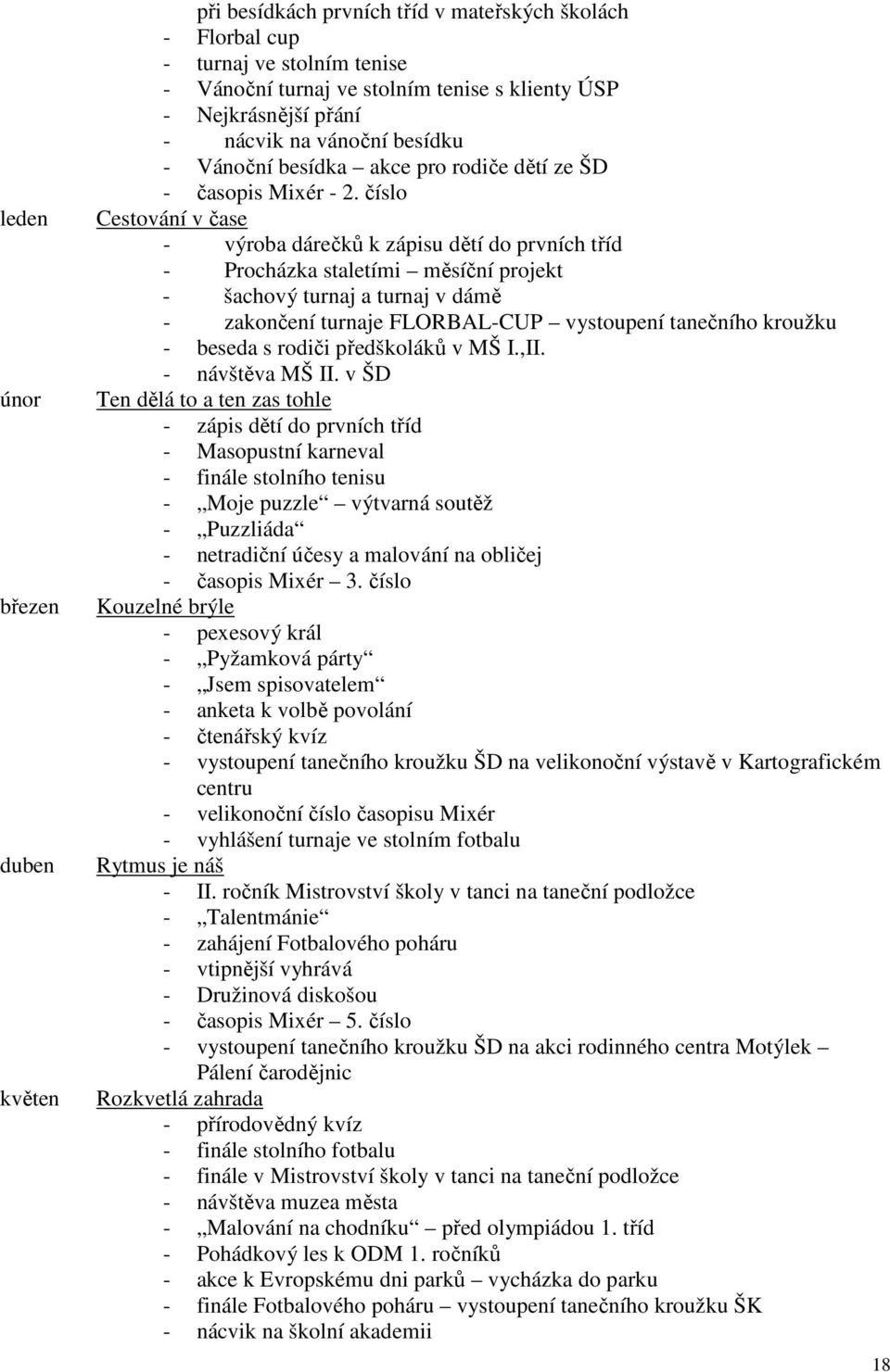 číslo Cestování v čase - výroba dárečků k zápisu dětí do prvních tříd - Procházka staletími měsíční projekt - šachový turnaj a turnaj v dámě - zakončení turnaje FLORBAL-CUP vystoupení tanečního
