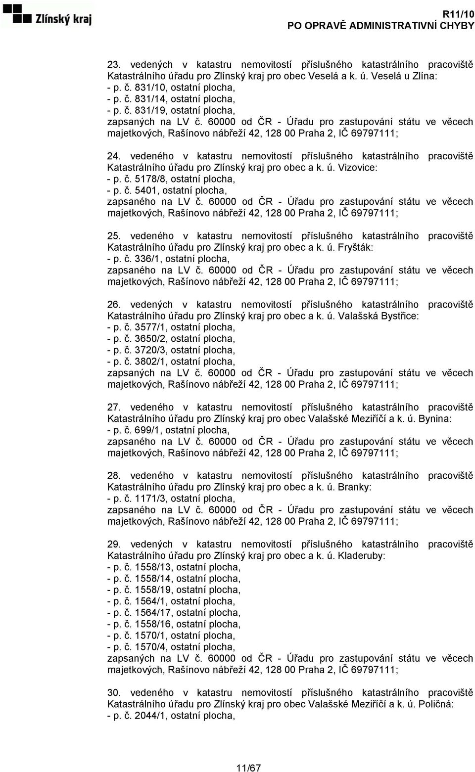 vedeného v katastru nemovitostí příslušného katastrálního pracoviště Katastrálního úřadu pro Zlínský kraj pro obec a k. ú. Vizovice: - p. č. 5178/8, ostatní plocha, - p. č. 5401, ostatní plocha, zapsaného na LV č.