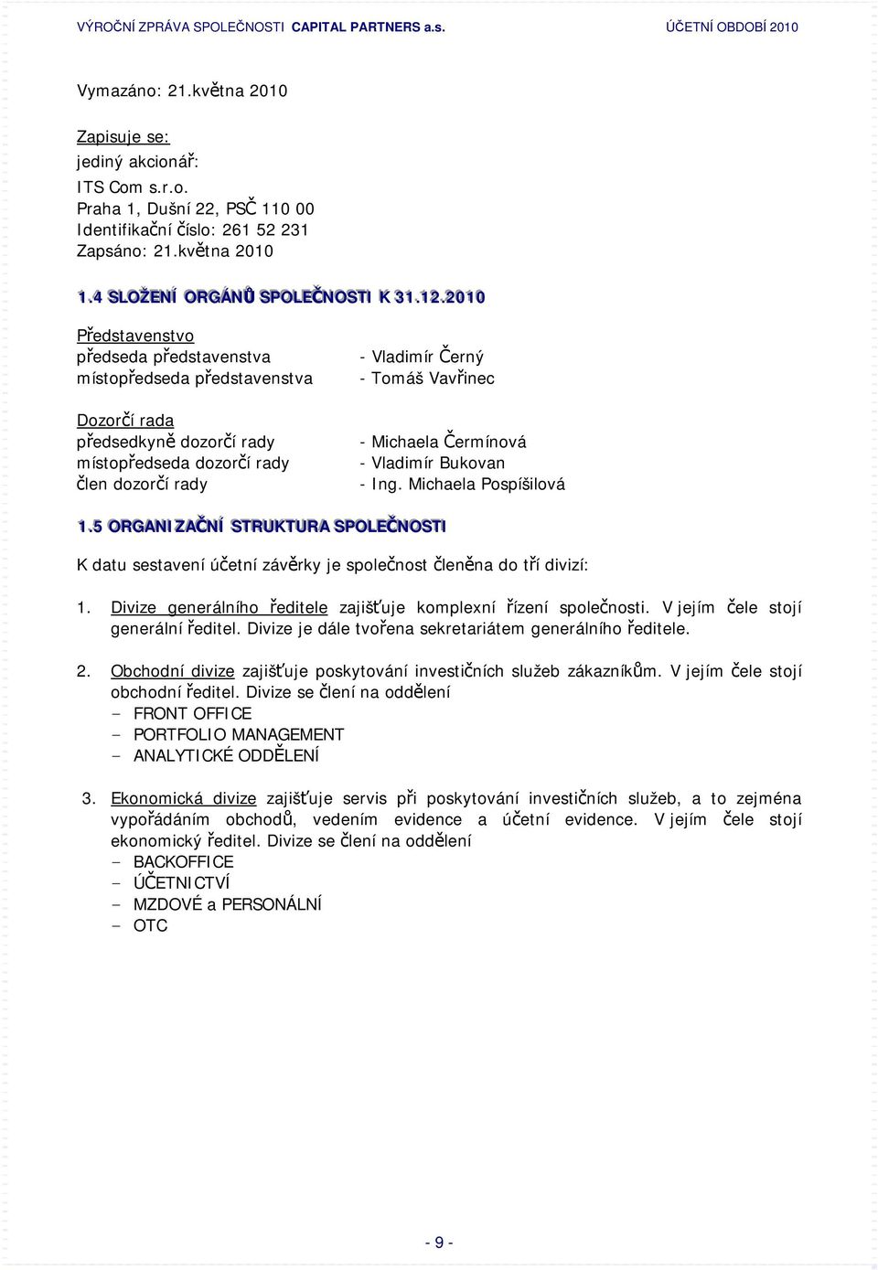 .22001100 Představenstvo předseda představenstva místopředseda představenstva Dozorčí rada předsedkyně dozorčí rady místopředseda dozorčí rady člen dozorčí rady - Vladimír Černý - Tomáš Vavřinec -