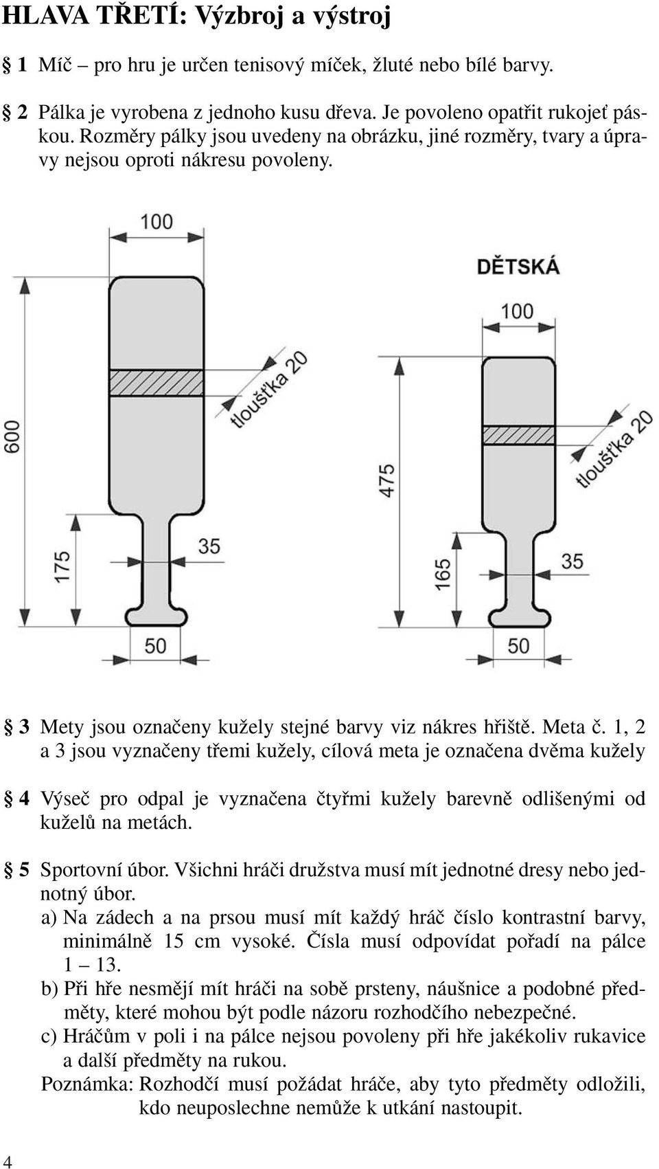 1, 2 a 3 jsou vyznaãeny tfiemi kuïely, cílová meta je oznaãena dvûma kuïely 4 V seã pro odpal je vyznaãena ãtyfimi kuïely barevnû odli en mi od kuïelû na metách. 5 Sportovní úbor.