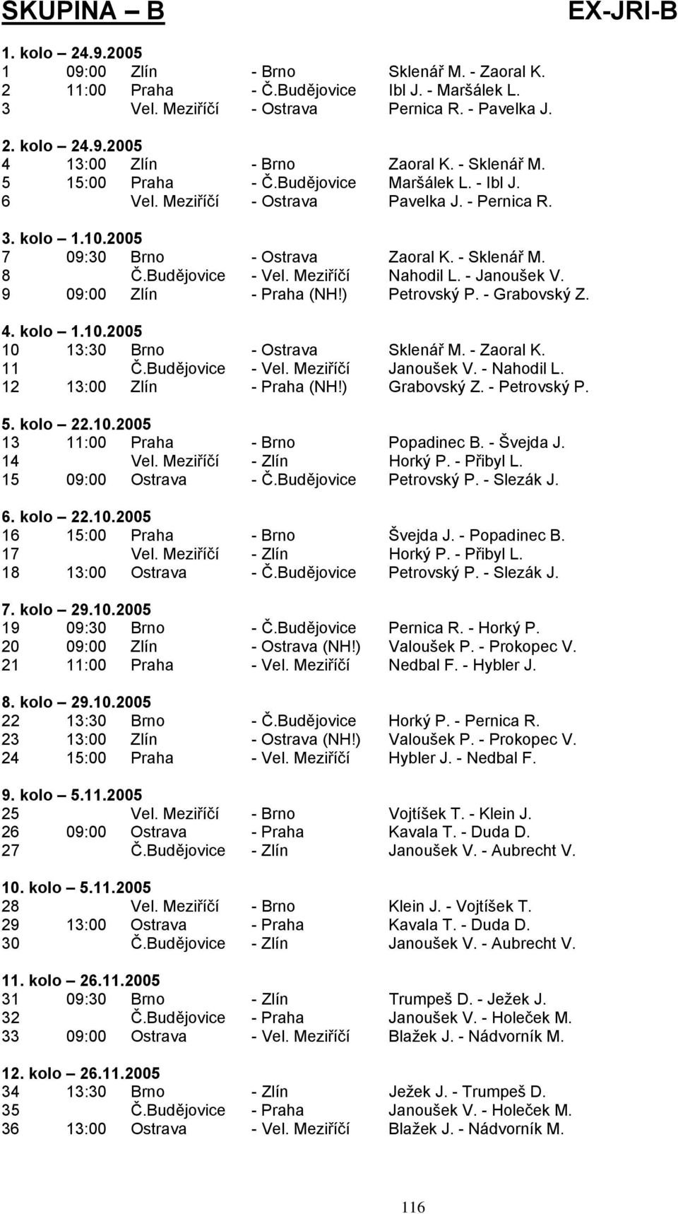 Meziříčí Nahodil L. - Janoušek V. 9 09:00 Zlín - Praha (NH!) Petrovský P. - Grabovský Z. 4. kolo 1.10.2005 10 13:30 Brno - Ostrava Sklenář M. - Zaoral K. 11 Č.Budějovice - Vel. Meziříčí Janoušek V.