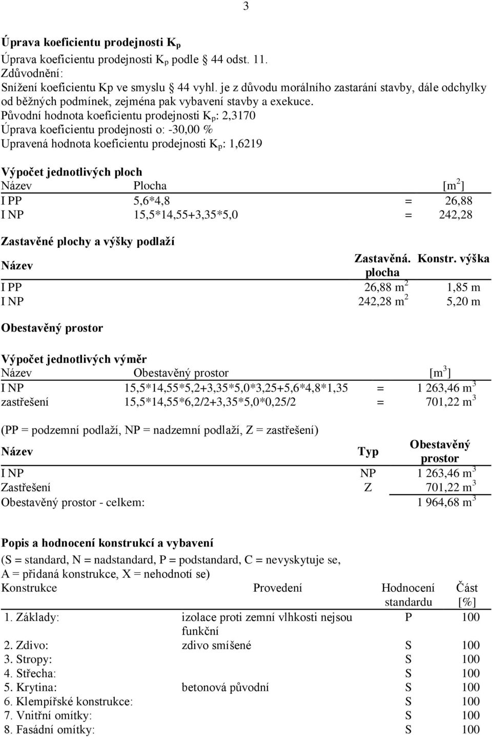 Původní hodnota koeficientu prodejnosti K p : 2,3170 Úprava koeficientu prodejnosti o: -30,00 % Upravená hodnota koeficientu prodejnosti K p : 1,6219 Výpočet jednotlivých ploch Název Plocha [m 2 ] I