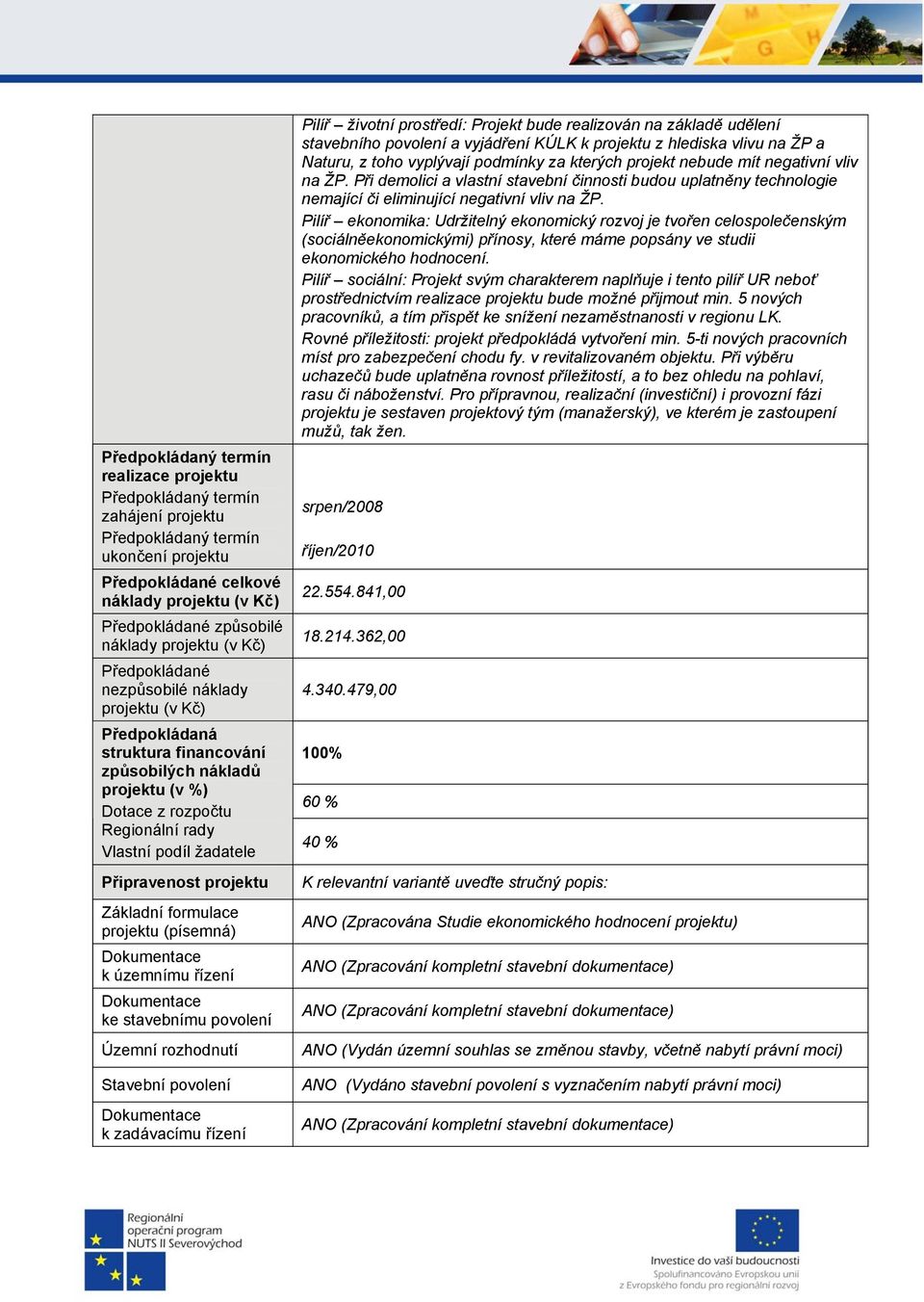 Připravenost projektu Základní formulace projektu (písemná) Dokumentace k územnímu řízení Dokumentace ke stavebnímu povolení Územní rozhodnutí Stavební povolení Dokumentace k zadávacímu řízení Pilíř