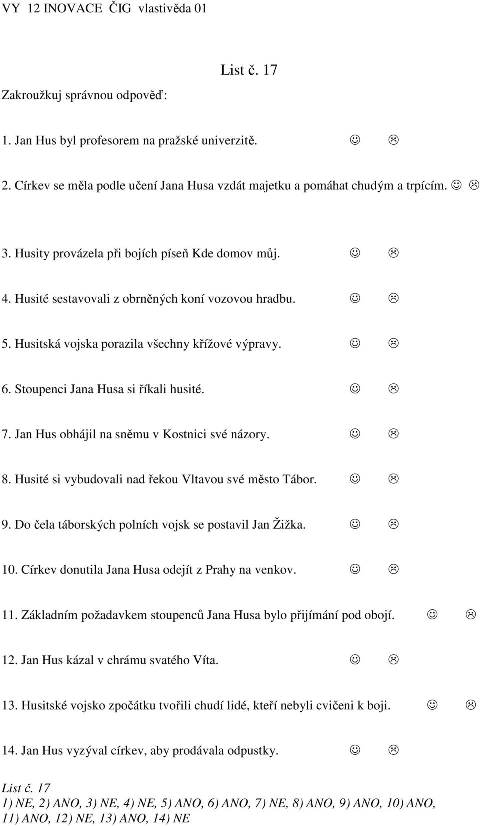 Jan Hus obhájil na sněmu v Kostnici své názory. 8. Husité si vybudovali nad řekou Vltavou své město Tábor. 9. Do čela táborských polních vojsk se postavil Jan Žižka. 10.