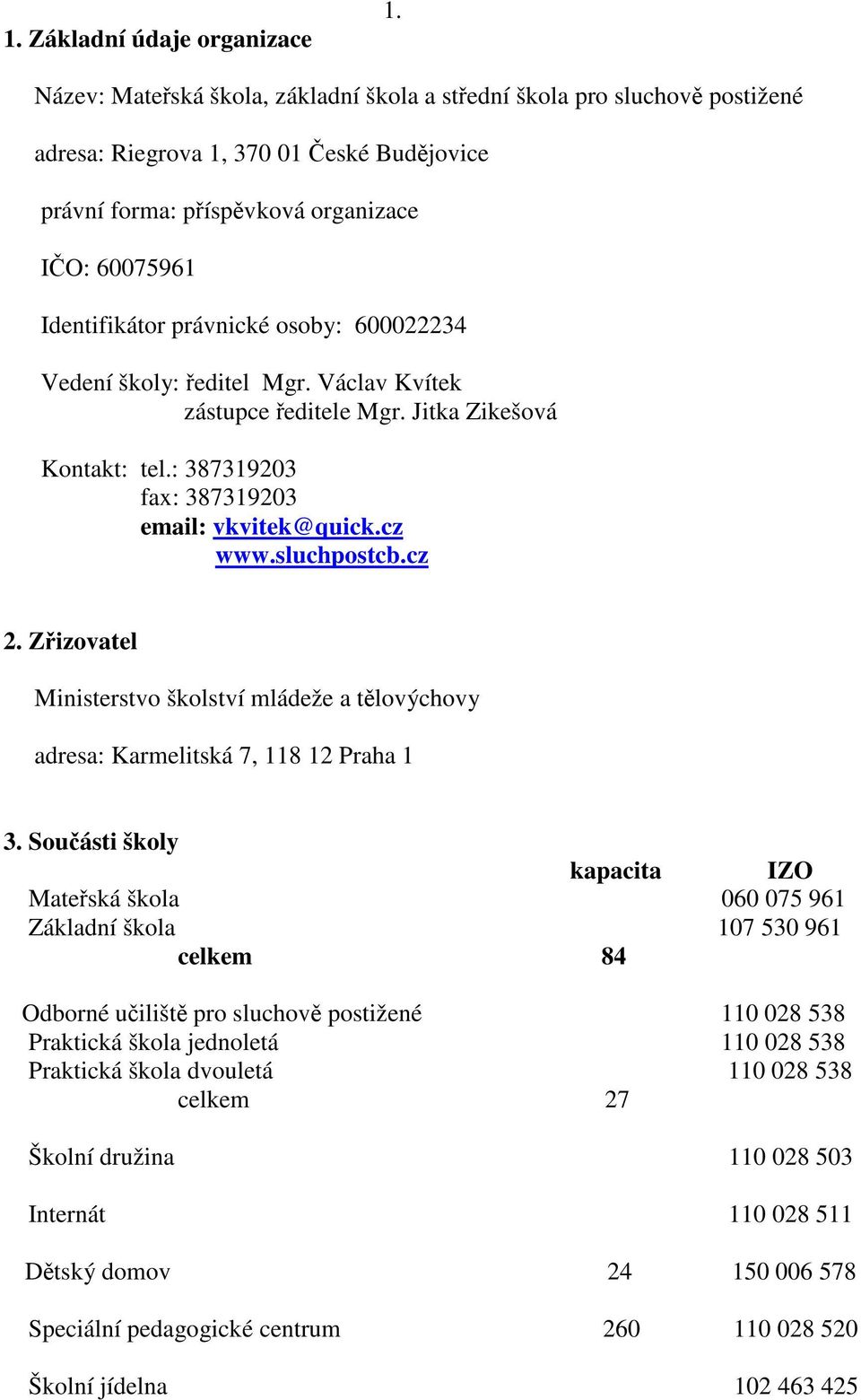 osoby: 600022234 Vedení školy: ředitel Mgr. Václav Kvítek zástupce ředitele Mgr. Jitka Zikešová Kontakt: tel.: 387319203 fax: 387319203 email: vkvitek@quick.cz www.sluchpostcb.cz 2.