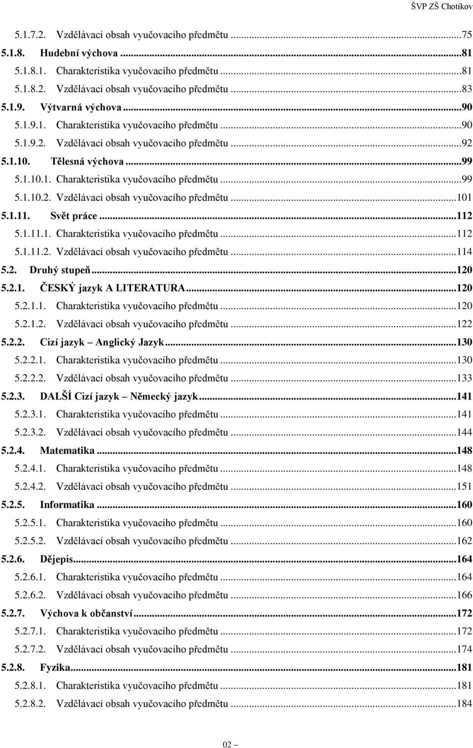 1.11. Svět práce... 112 5.1.11.1. Charakteristika vyučovacího předmětu... 112 5.1.11.2. Vzdělávací obsah vyučovacího předmětu... 114 5.2. Druhý stupeň... 120 5.2.1. ČESKÝ jazyk A LITERATURA... 120 5.2.1.1. Charakteristika vyučovacího předmětu... 120 5.2.1.2. Vzdělávací obsah vyučovacího předmětu... 122 5.