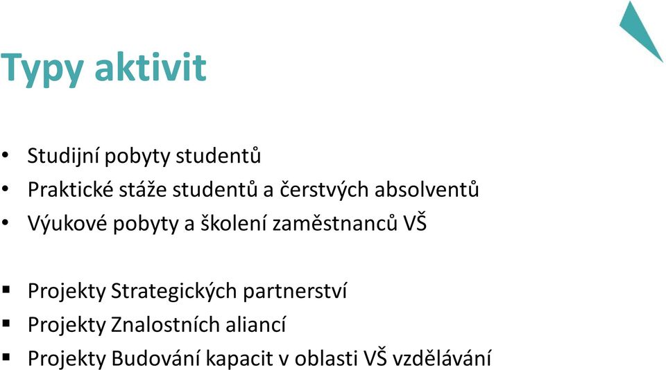 zaměstnanců VŠ Projekty Strategických partnerství Projekty