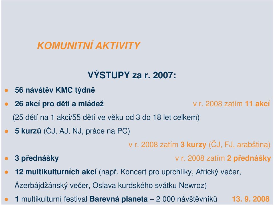2008 zatím 3 kurzy (ČJ, FJ, arabština) 3 přednášky v r. 2008 zatím 2 přednášky 12 multikulturních akcí (např.