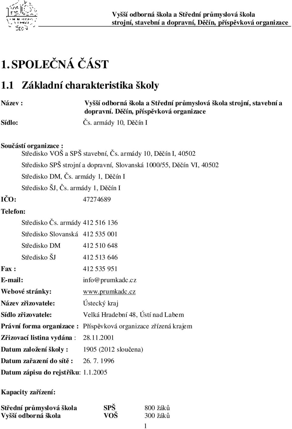 armády 1, Děčín I Středisko ŠJ, Čs. armády 1, Děčín I IČO: 47274689 Telefon: Středisko Čs.