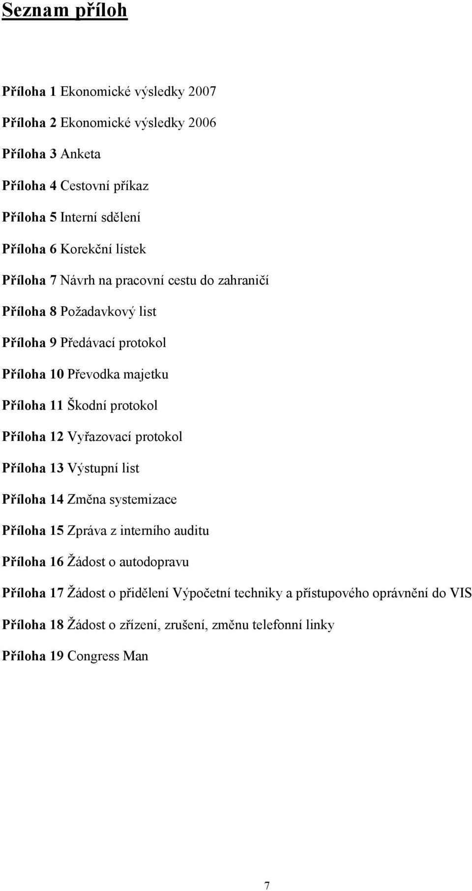 protokol Příloha 12 Vyřazovací protokol Příloha 13 Výstupní list Příloha 14 Změna systemizace Příloha 15 Zpráva z interního auditu Příloha 16 Žádost o autodopravu