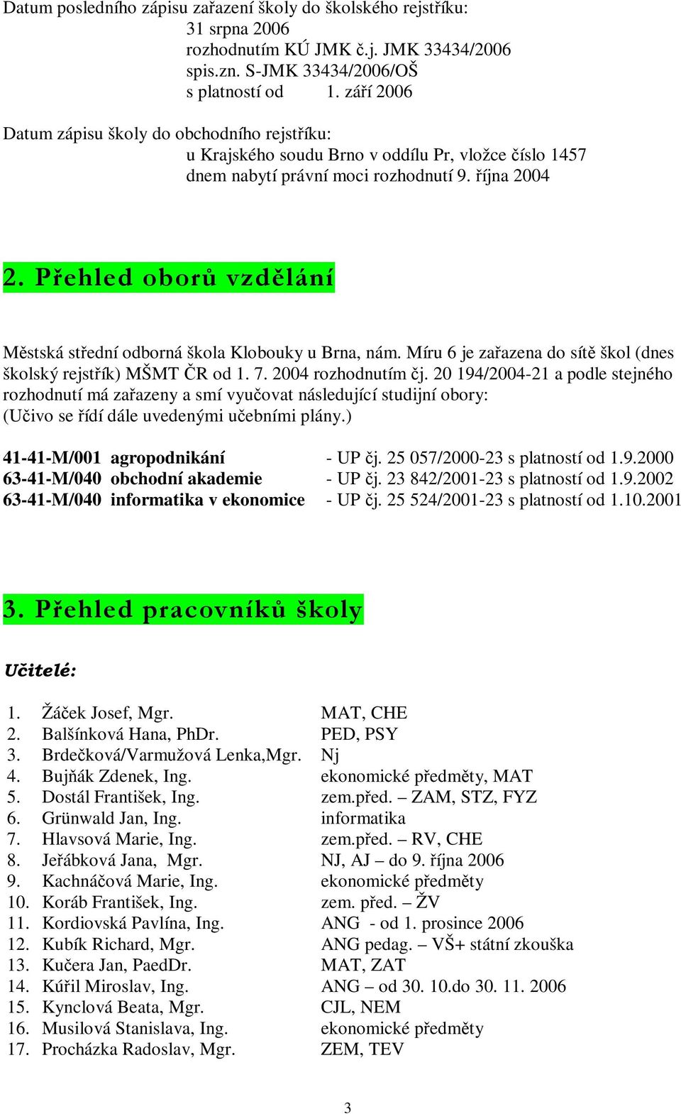 P ř e h le d o b o r ů v z dě lání Městská střední odborná škola Klobouky u Brna, nám. Míru 6 je zařazena do sítě škol (dnes školský rejstřík) MŠMT ČR od 1. 7. 2004 rozhodnutím čj.