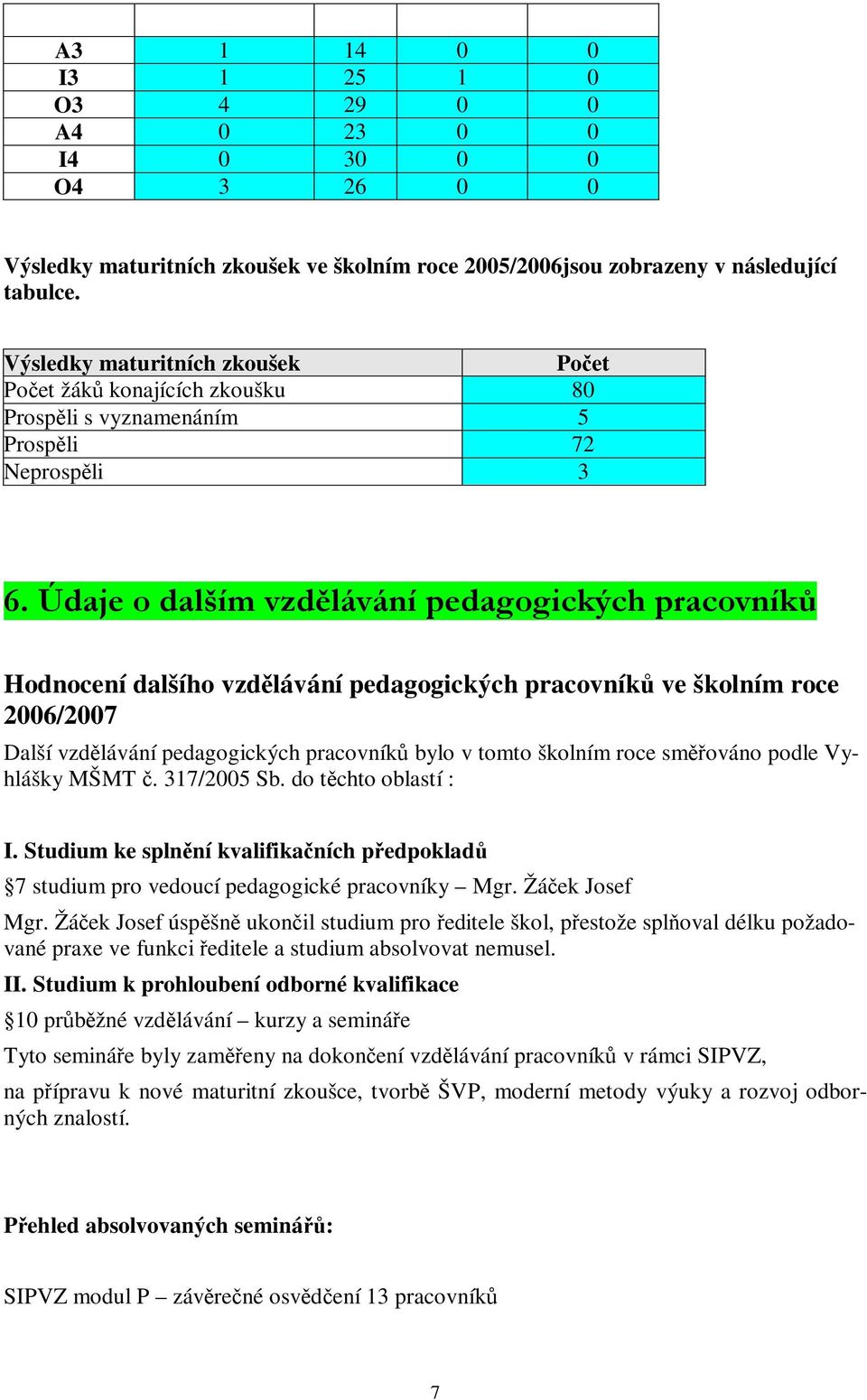 Ú daj e o dalš ím v z dě láv ání p e dag o g i c ký c h p r ac o v níků Hodnocení dalšího vzdělávání pedagogických pracovníků ve školním roce 2006/2007 Další vzdělávání pedagogických pracovníků bylo