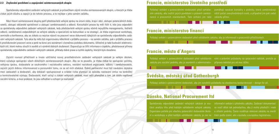 Mezi hlavní zainteresované skupiny patří představitelé veřejné správy na úrovni státu, kraje i obcí, zástupci potenciálních dodavatelů, zástupci občanské společnosti a zástupci zaměstnavatelů a