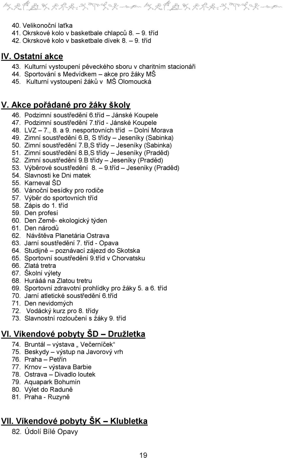 Podzimní soustředění 6.tříd Jánské Koupele 47. Podzimní soustředění 7.tříd - Jánské Koupele 48. LVZ 7., 8. a 9. nesportovních tříd Dolní Morava 49. Zimní soustředění 6.