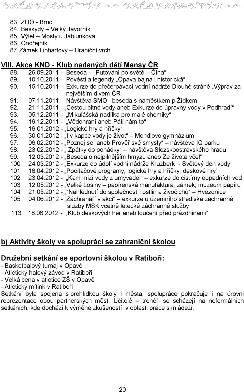 07.11.2011 - Návštěva SMO beseda s náměstkem p.žídkem 92. 21.11.2011 - Cestou pitné vody aneb Exkurze do úpravny vody v Podhradí 93. 05.12.2011 - Mikulášská nadílka pro malé chemiky 94. 19.12.2011 - Vědohraní aneb Pálí nám to 95.