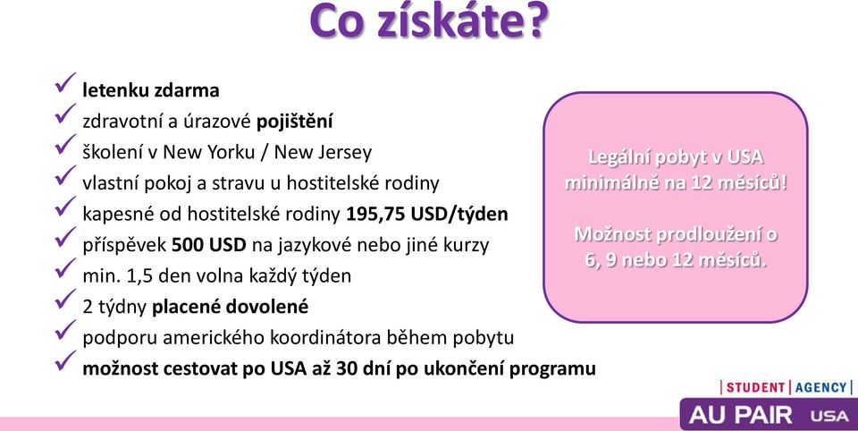 stravu u hostitelské rodiny kapesné od hostitelské rodiny 195,75 USD/týden příspěvek 500 USD na jazykové nebo jiné