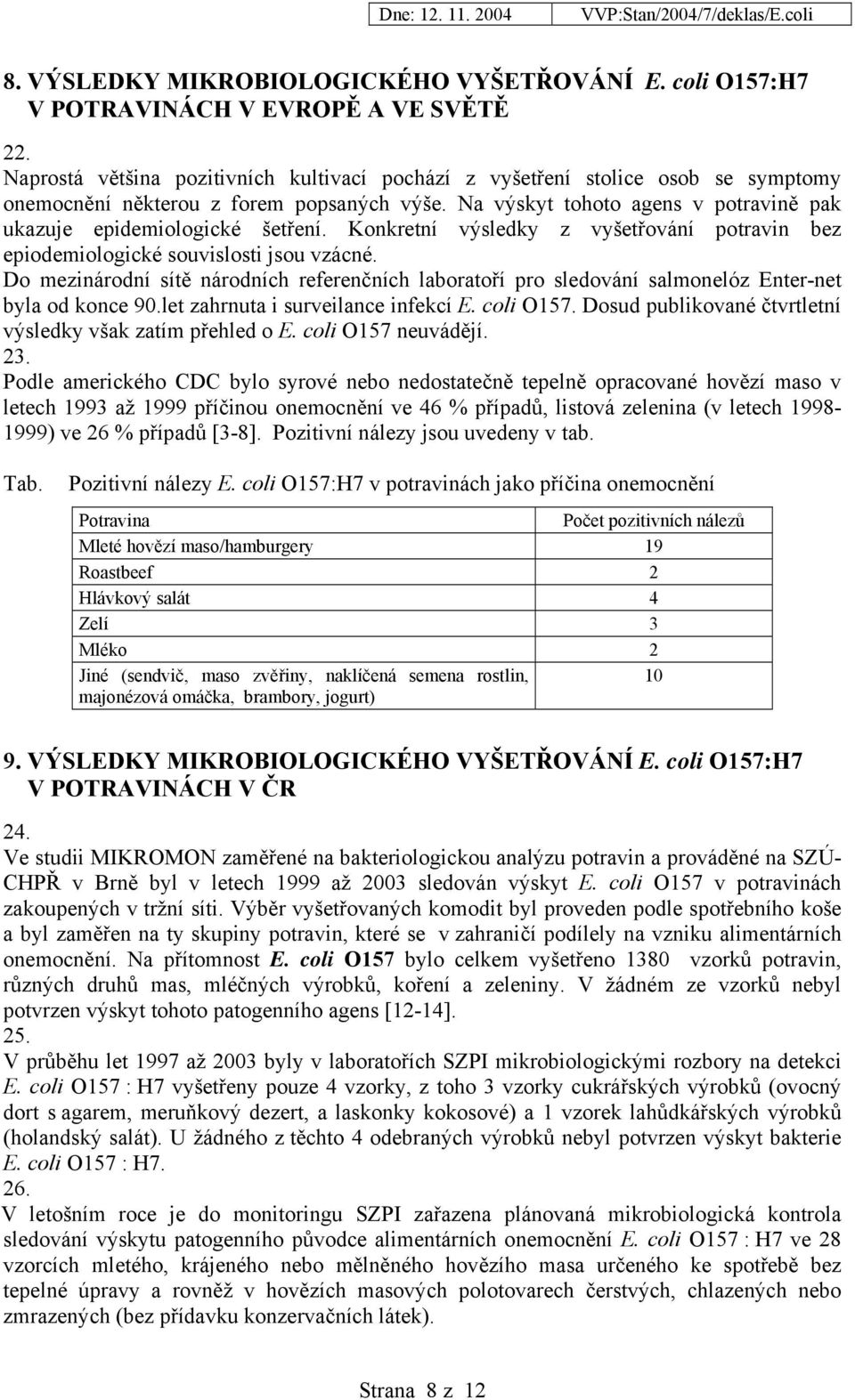 Konkretní výsledky z vyšetřování potravin bez epiodemiologické souvislosti jsou vzácné. Do mezinárodní sítě národních referenčních laboratoří pro sledování salmonelóz Enter-net byla od konce 90.