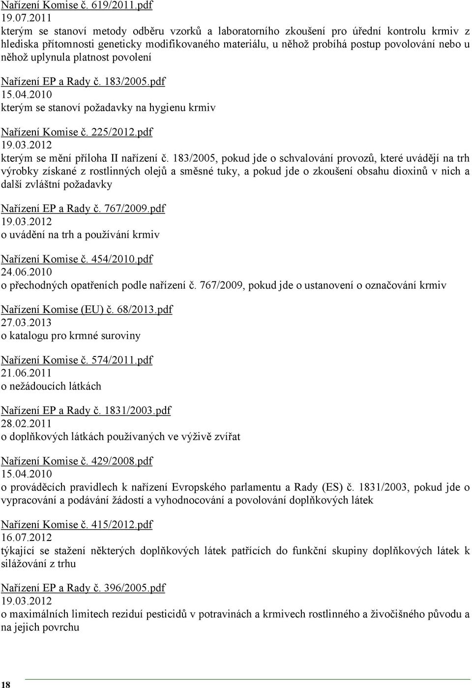 něhož uplynula platnost povolení Nařízení EP a Rady č. 183/2005.pdf 15.04.2010 kterým se stanoví požadavky na hygienu krmiv Nařízení Komise č. 225/2012.pdf 19.03.