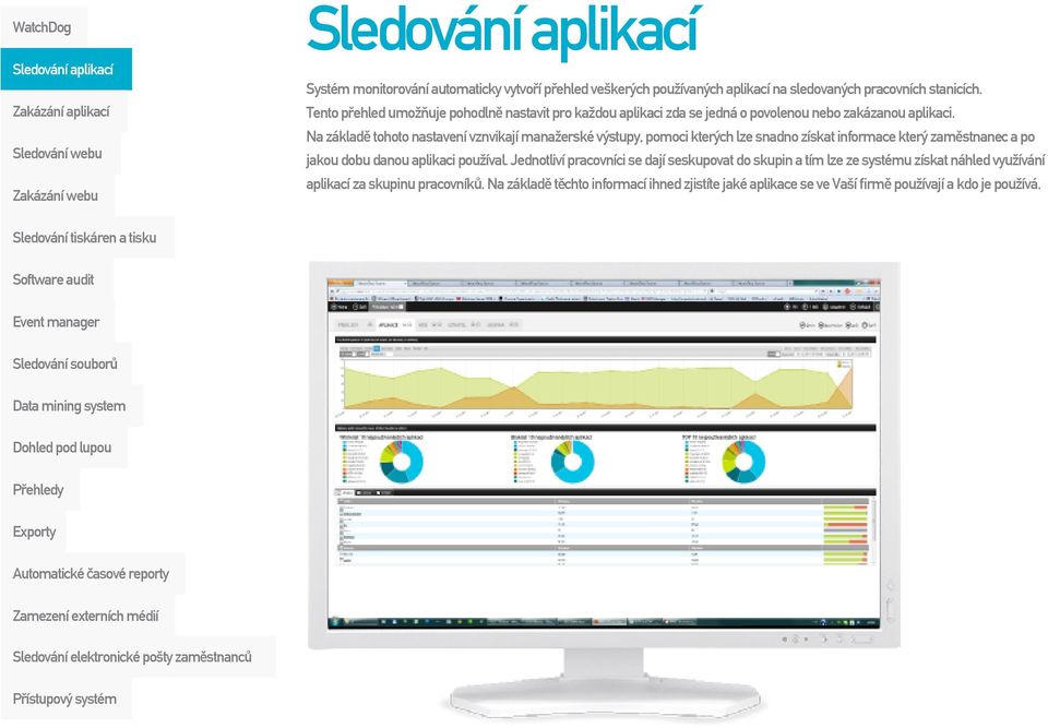 Na základě tohoto nastavení vznvikají manažerské výstupy, pomoci kterých lze snadno získat informace který zaměstnanec a po jakou dobu danou aplikaci