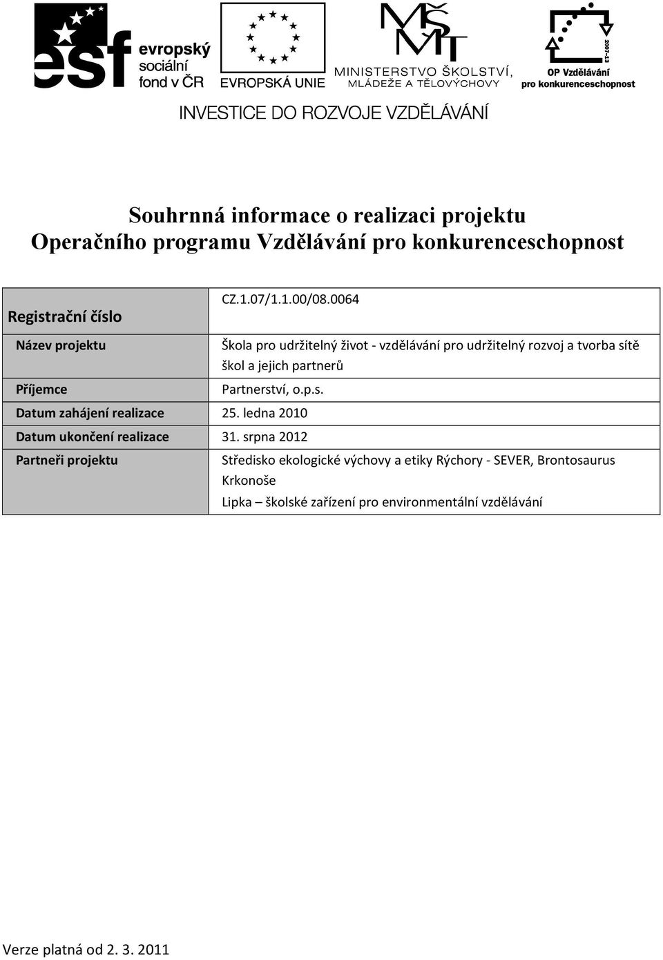 partnerů Partnerství, o.p.s. Datum zahájení realizace 25. ledna 2010 Datum ukončení realizace 31.