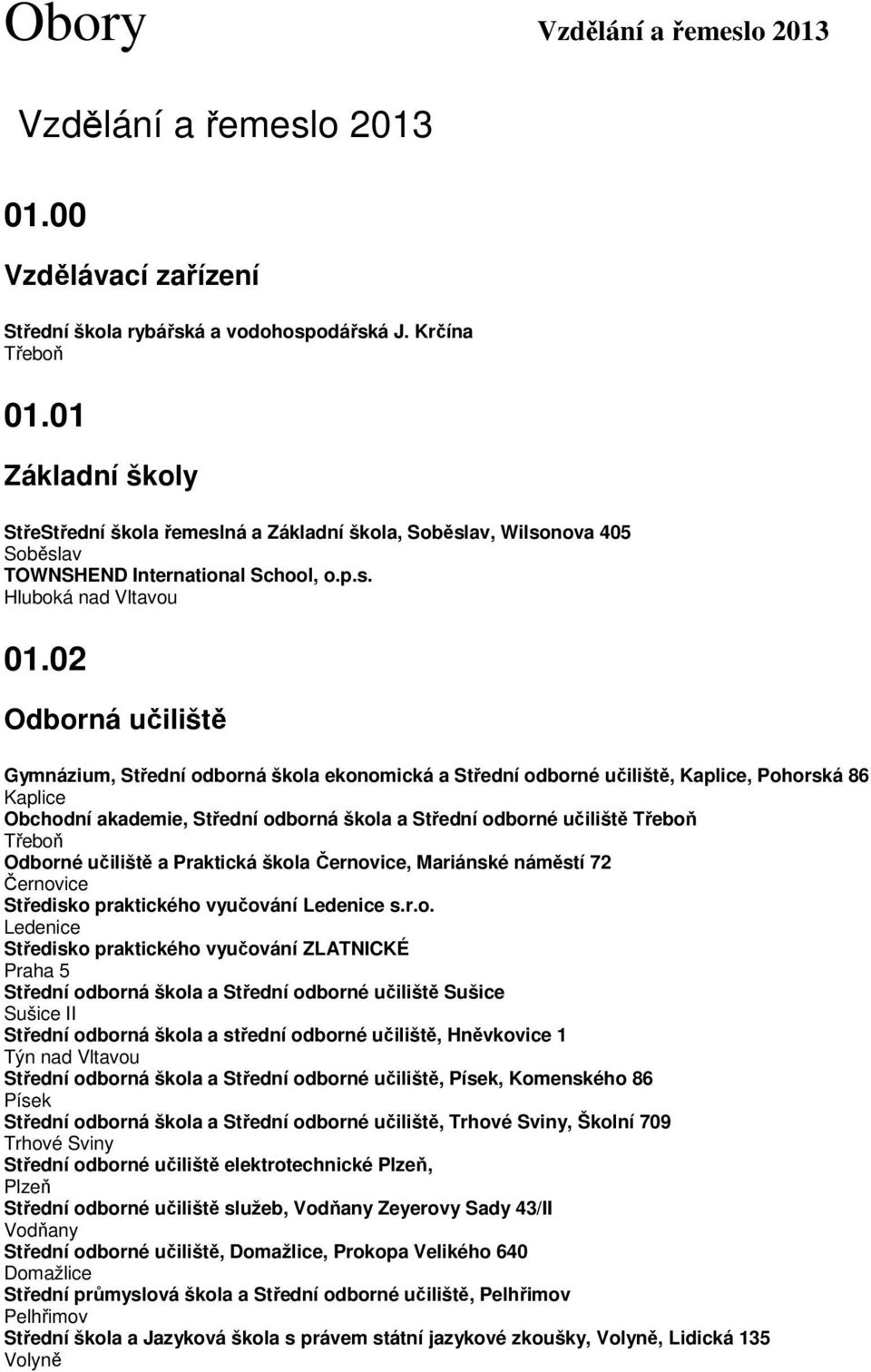 02 Odborná učiliště Gymnázium, Střední odborná škola ekonomická a Střední odborné učiliště, Kaplice, Pohorská 86 Kaplice Obchodní akademie, Střední odborná škola a Střední odborné učiliště Odborné