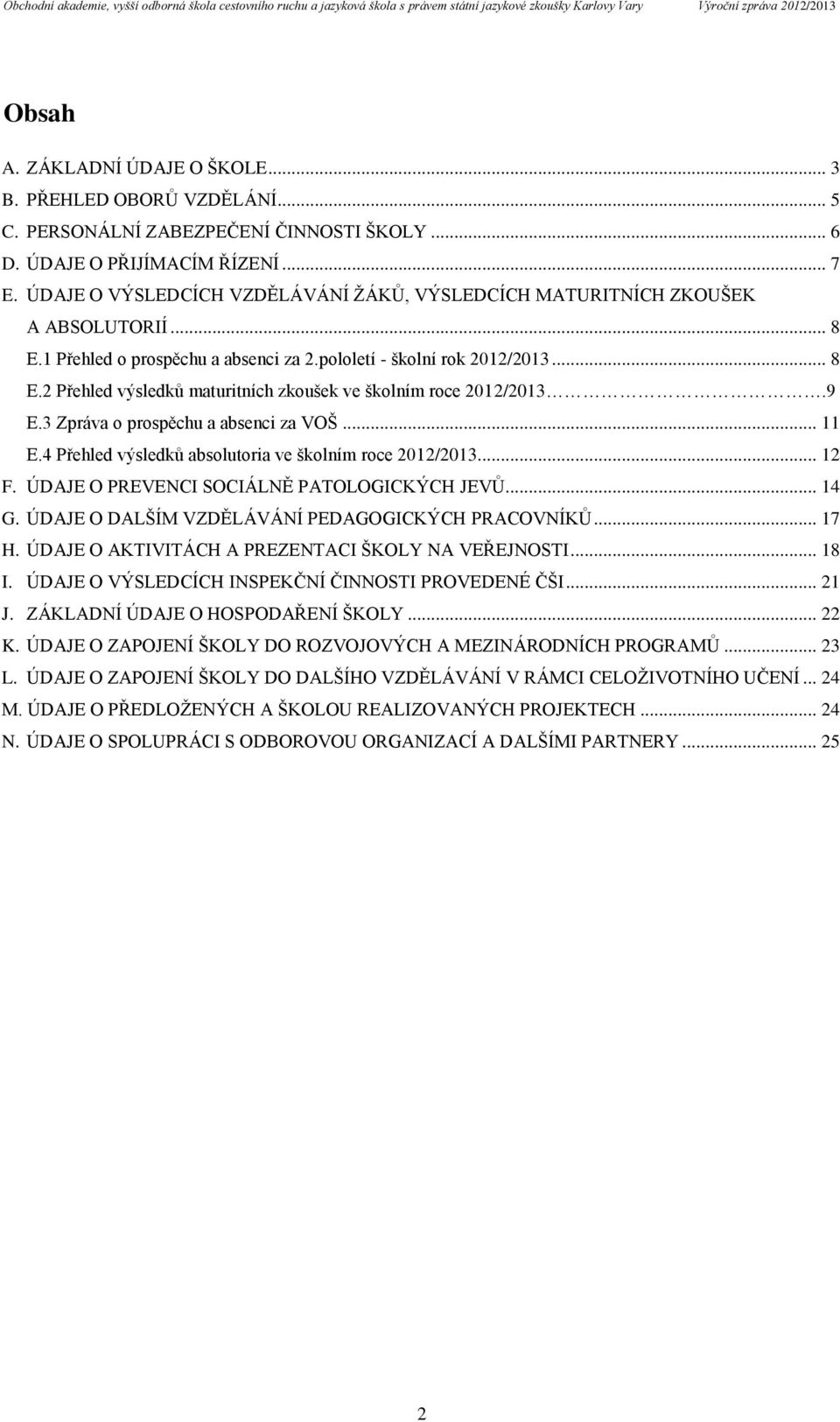 9 E.3 Zpráva o prospěchu a absenci za VOŠ... 11 E.4 Přehled výsledků absolutoria ve školním roce 2012/2013... 12 F. ÚDAJE O PREVENCI SOCIÁLNĚ PATOLOGICKÝCH JEVŮ... 14 G.