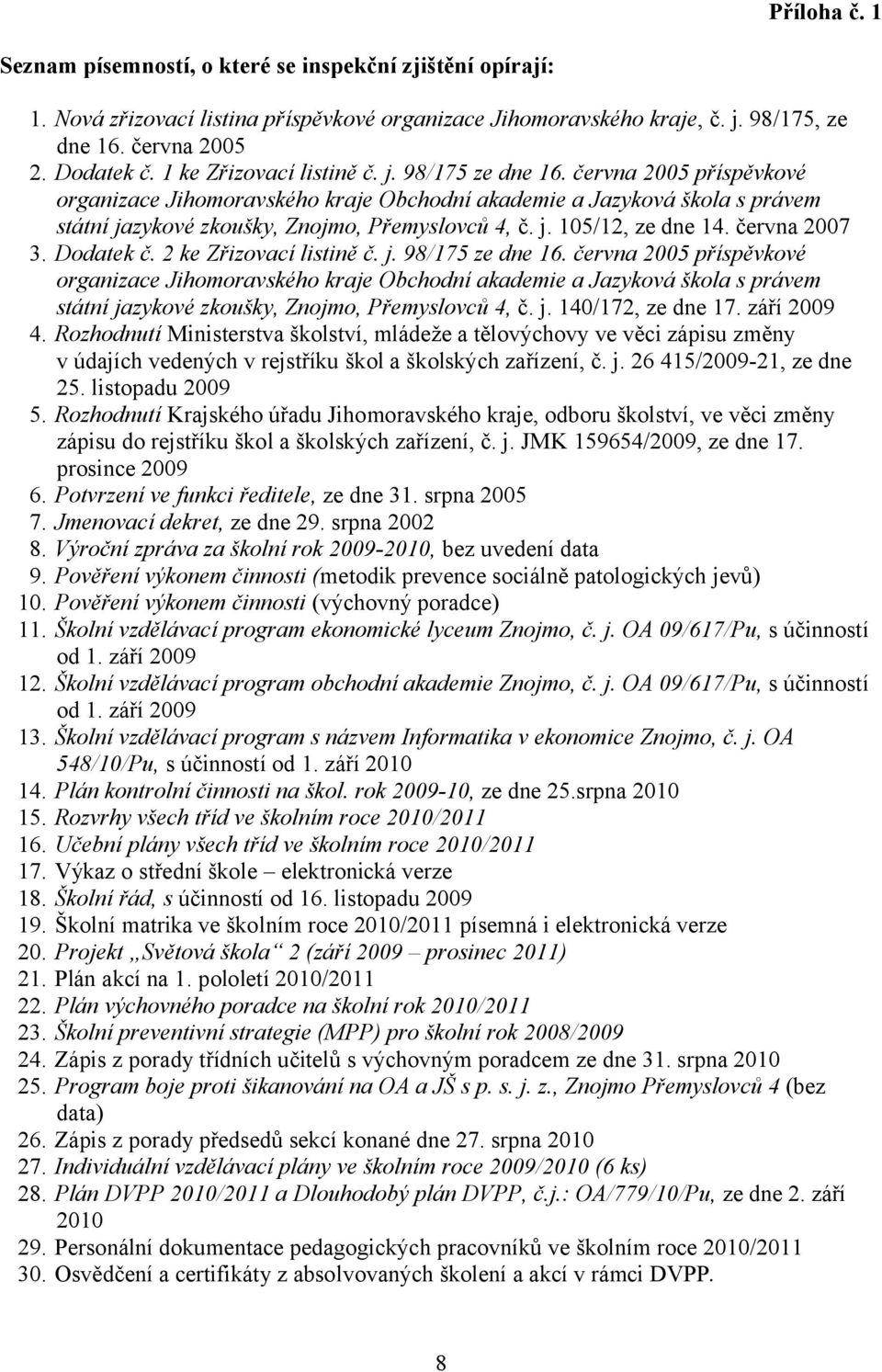 června 2007 3. Dodatek č. 2 ke Zřizovací listině č. j. 98/175 ze dne 16.