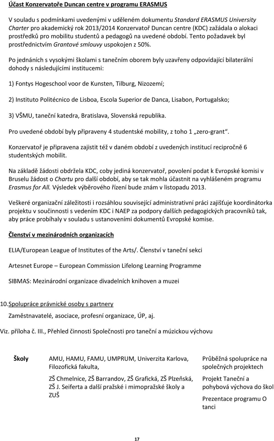 Po jednáních s vysokými školami s tanečním oborem byly uzavřeny odpovídající bilaterální dohody s následujícími institucemi: 1) Fontys Hogeschool voor de Kunsten, Tilburg, Nizozemí; 2) Instituto