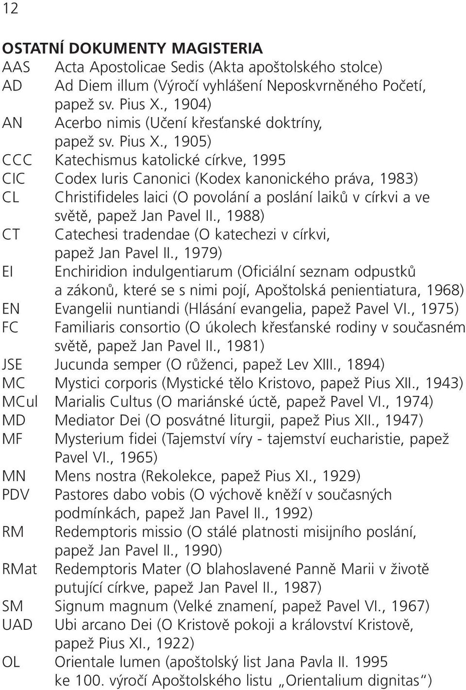 , 1905) CCC Katechismus katolické církve, 1995 CIC Codex Iuris Canonici (Kodex kanonického práva, 1983) CL Christifideles laici (O povolání a poslání laiků v církvi a ve světě, papež Jan Pavel II.